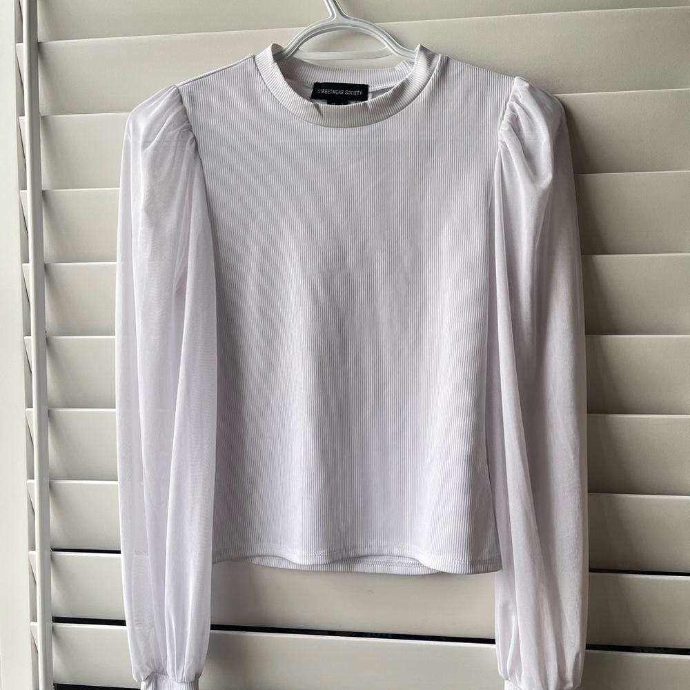 White Ribbed Mandarin Collar Blouse with Mesh Sleeves